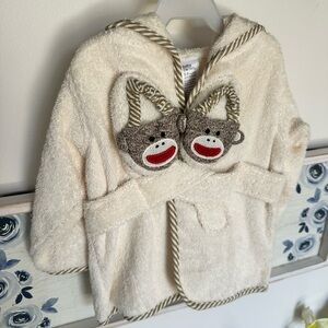 Baby Starters Cream Hooded Bathrobe Sock Monkey Appliqué matching slippers NWT